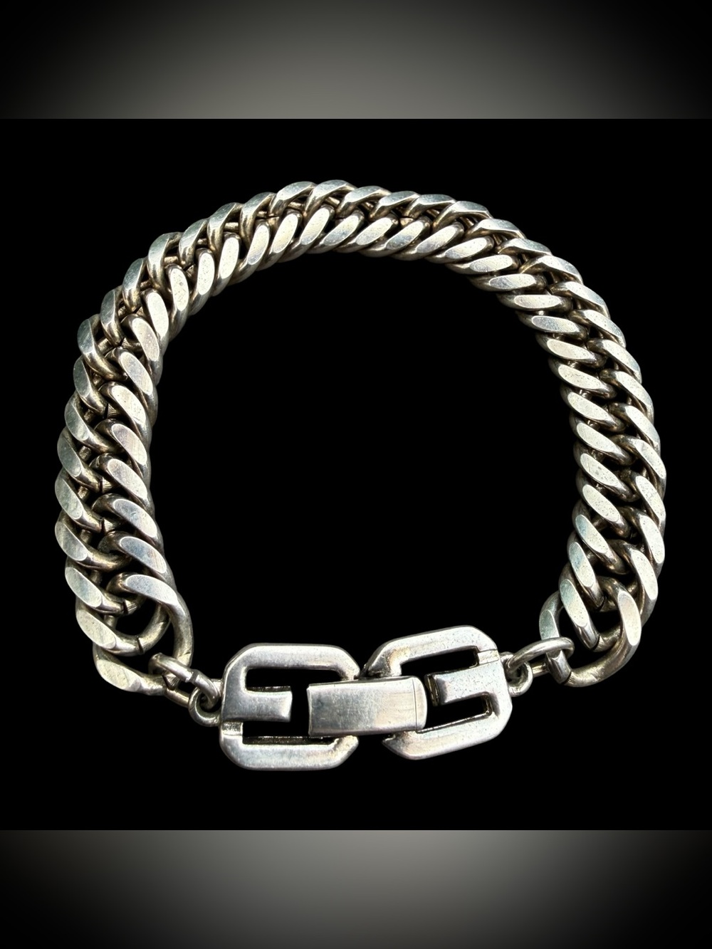 8” Vtg Givenchy Double Curb Link Men’s/Unisex Silver Plated G Logo Bracelet 10mm